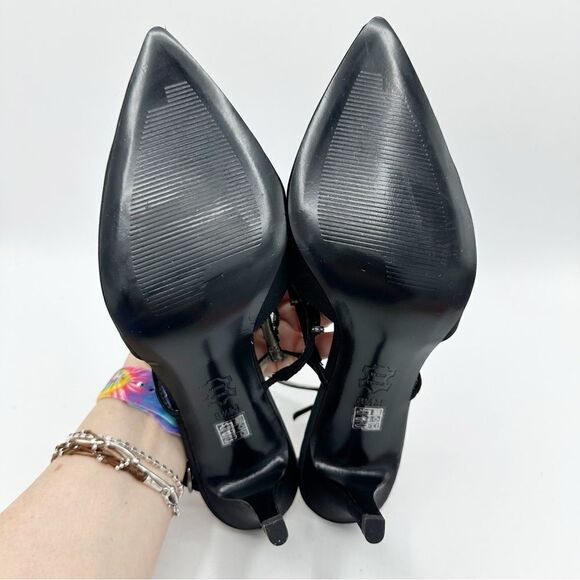 M. By Marinelli Black Satin Sparkly Jeweled T-Strap Stiletto Evening Sandal 8.5M - Picture 10 of 16